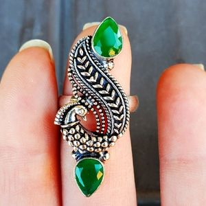 New Green Onyx 925 Silver Peacock Ring.